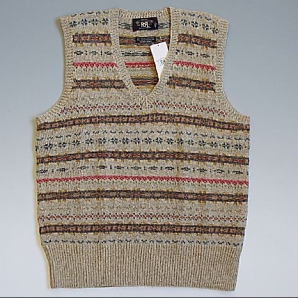 Double RRL Tan Multi Fair-isle V Neck Sweater Vest - Picture 7 of 16